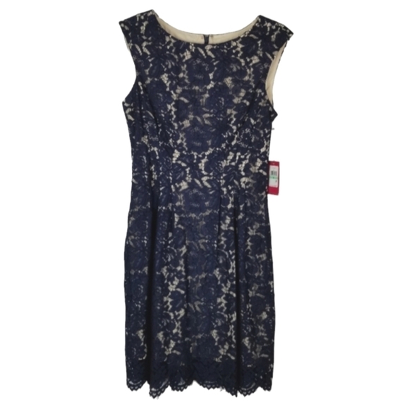 Vince Camuto Black Lace Overlay Sleeveless Sheath Dress Size 8 High Neck NWT - Picture 1 of 14